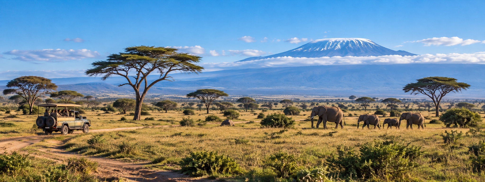 Safari vehicle and elephants beneath Mount Kilimanjaro