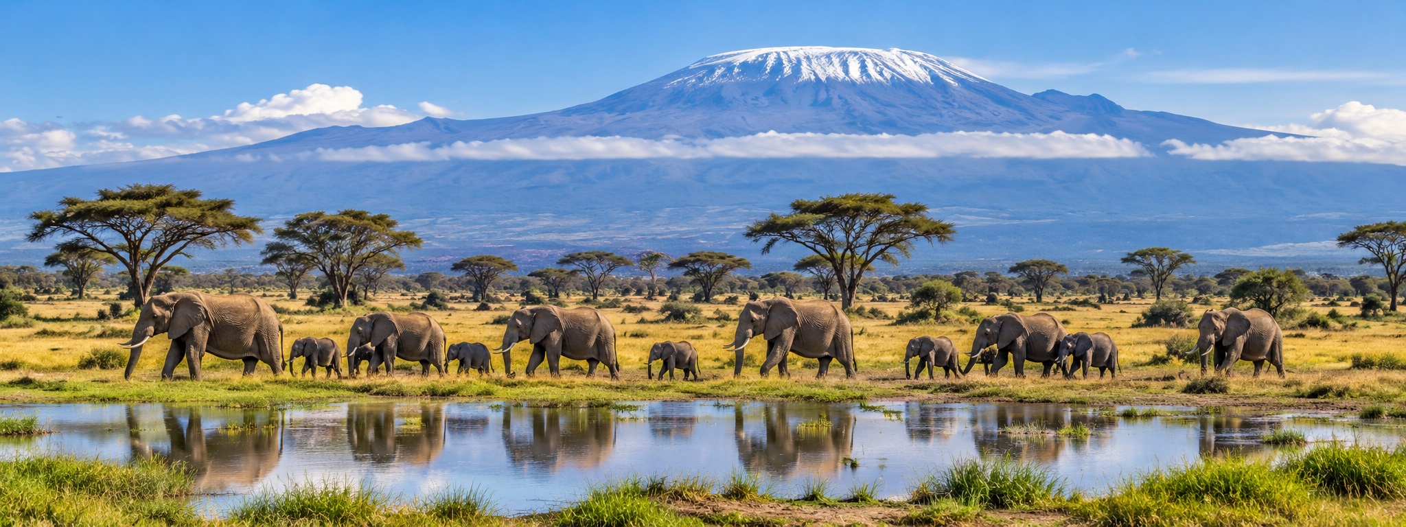 Elephants beside a Kenyan waterhole beneath Mount Kilimanjaro